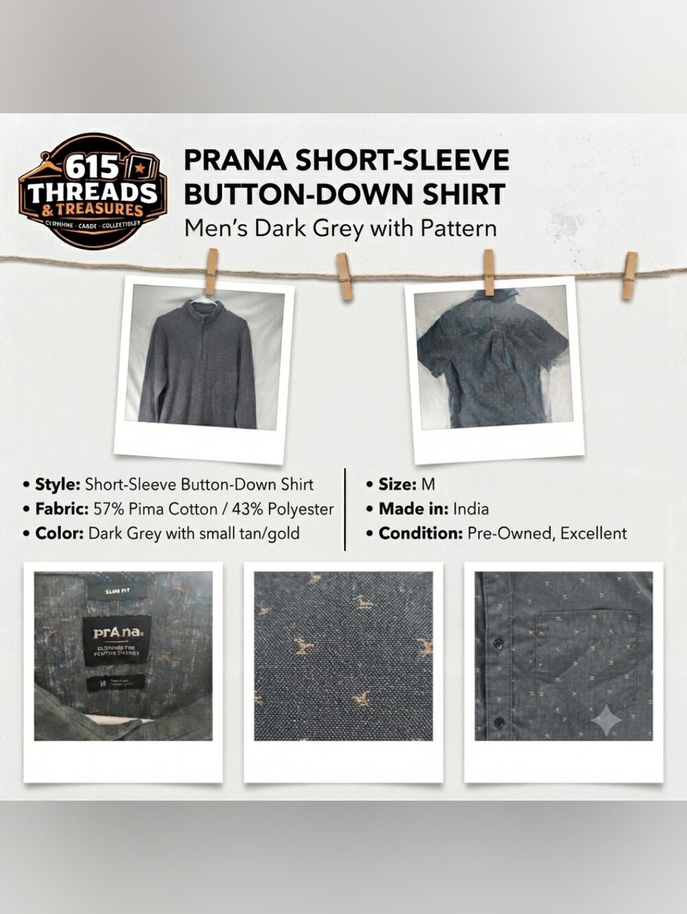 Prana Men's Short-Sleeve Button-Down Shirt - Dark Grey with Tan Pattern, M